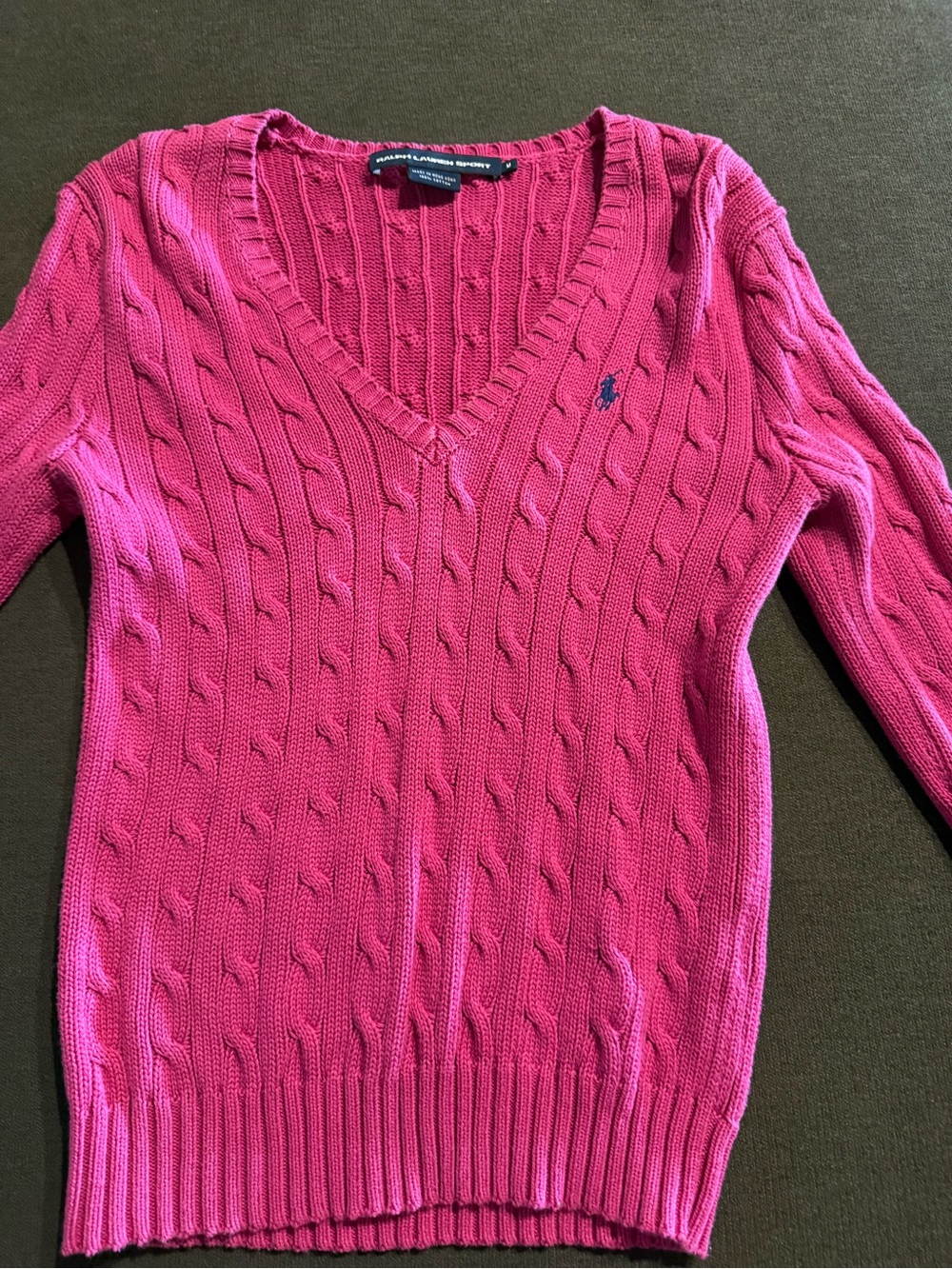 Ralph Lauren Bright Pink Cable-Knit V-Neck Sweater